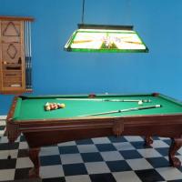 Pool Table, Vintage Pool Light, Cues, & Accessories